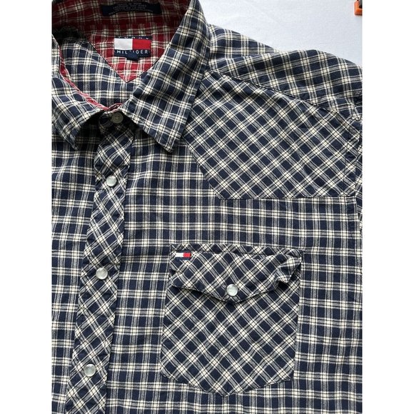 Tommy Hilfiger Shirt Mens‎ XL Blue Plaid Long Sleeve Pearl Snap Button Down Y2K - Picture 1 of 14